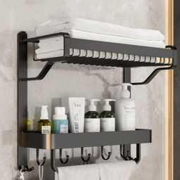 Living and Home 2 Tier Wall Mounted Bathroom Shelf with Towel Bar and Hangers - Size: 42 x 57 x 21.5cm - Grey - Wilko - thumbnail 4