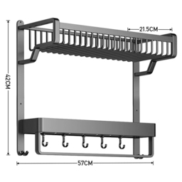 Living and Home 2 Tier Wall Mounted Bathroom Shelf with Towel Bar and Hangers - Size: 42 x 57 x 21.5cm - Grey - Wilko - thumbnail 5