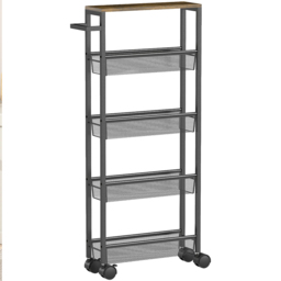 Portland 5-Tier Black Slim Kitchen Storage Trolley Cart with Handle - Size: 96.5 x 13 x 47cm - Wilko