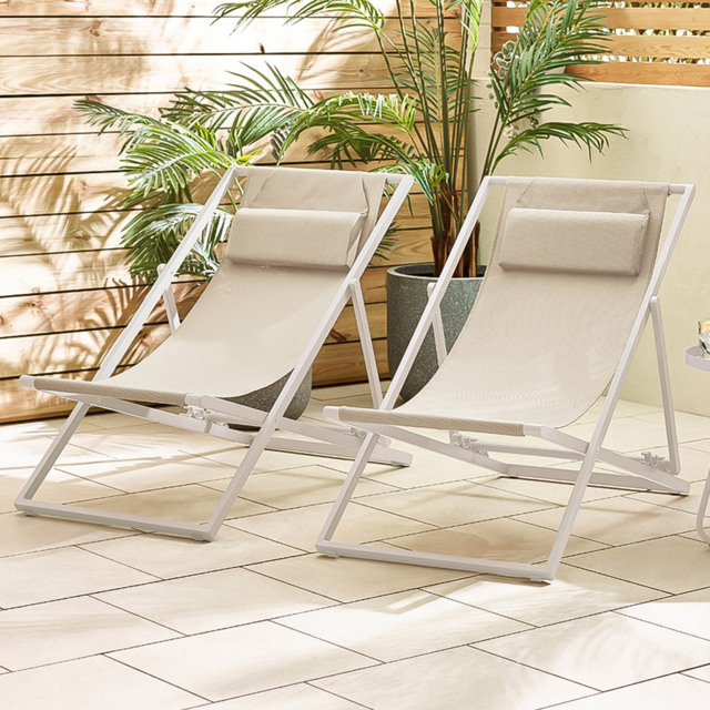 Furniturebox Cannes Set of 2 Cream Metal And Textilene Deck Chair - Wilko - image 1
