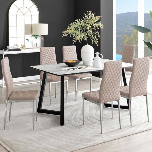 Furniturebox Copeland Valera Marble Effect 6 Seater Dining Set White Cappuccino and Chrome - Wilko - image 1