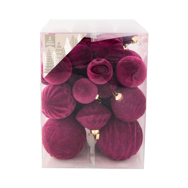 Pack of 35 Flocked Baubles Plum - Santa's Chalet - Wilko - image 1