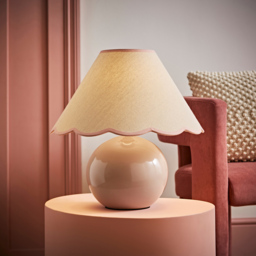 ValueLights Bosco Natural Stone Linen Pink Trim Scallop Shade Ceramic LED Table Lamp - Size: 37 x 40 x 40cm - Cream - Wilko - thumbnail 3