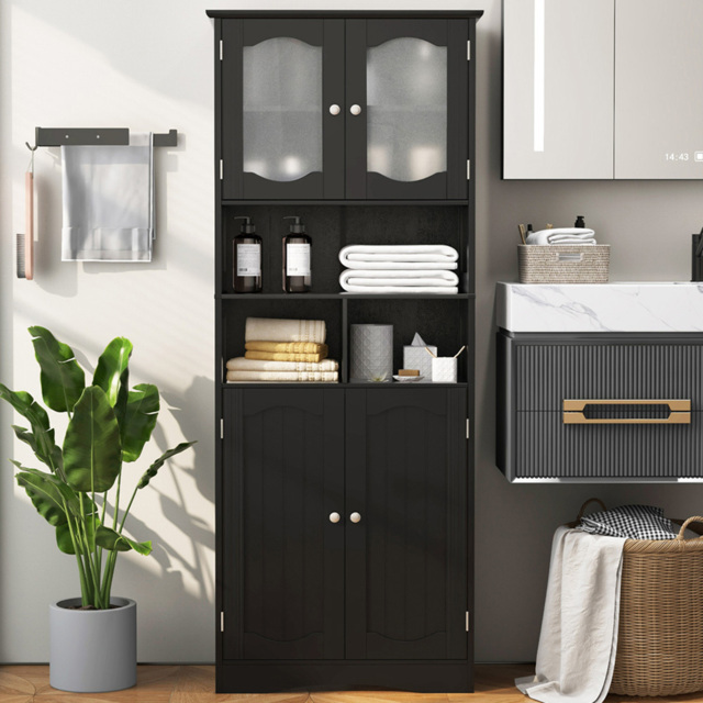 Costway 4 Glass Door 3 Shelf Black Tall Bathroom Cabinet 148cm - Size: 60 x 30 x 148cm - Wilko - image 1