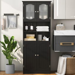 Costway 4 Glass Door 3 Shelf Black Tall Bathroom Cabinet 148cm - Size: 60 x 30 x 148cm - Wilko
