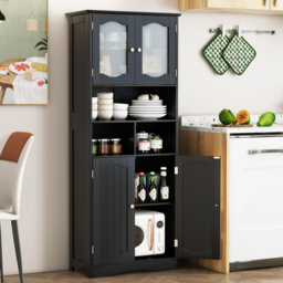 Costway 4 Glass Door 3 Shelf Black Tall Bathroom Cabinet 148cm - Size: 60 x 30 x 148cm - Wilko - thumbnail 6