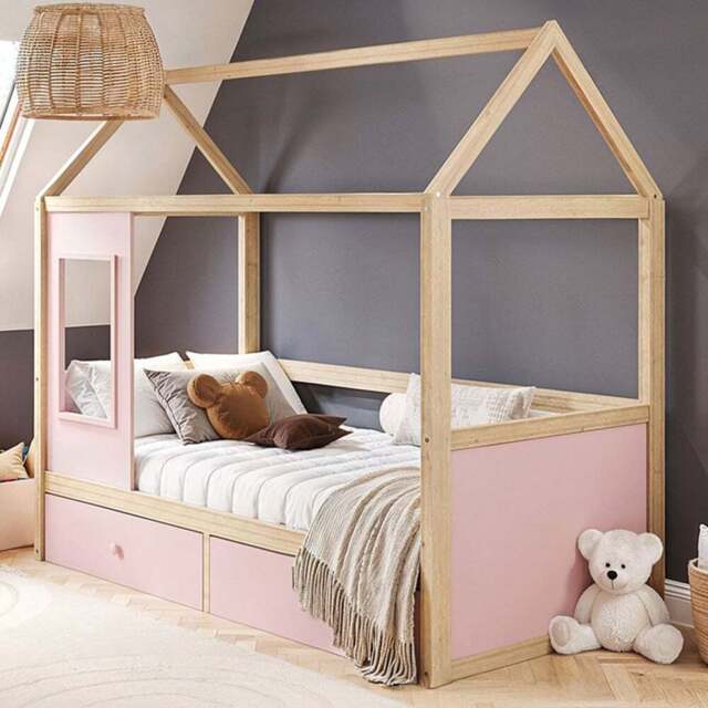 Flair Ted Pink Wooden Play House Bed Frame with Storage - Size: Single - Wilko