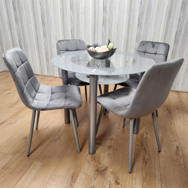 Portland Rocco 4 Seater Round Glass Velvet Dining Set Grey - Wilko - image 1