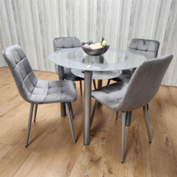 Portland Rocco 4 Seater Round Glass Velvet Dining Set Grey - Wilko