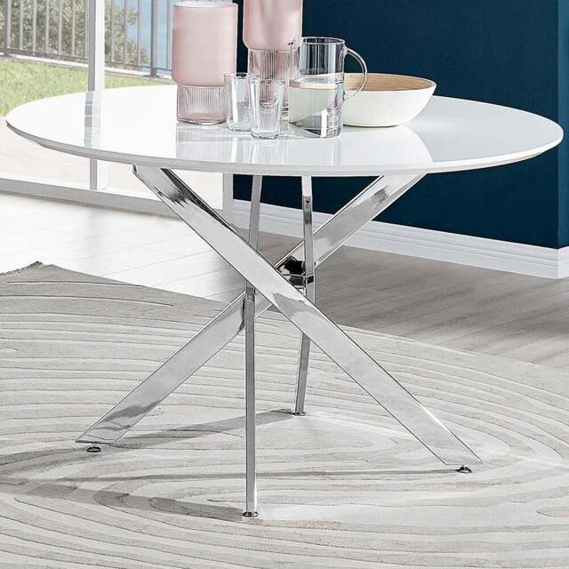 Furniturebox Arona 6 Seater Round Dining Table White High Gloss and Silver - Size: 4 Seater - Wilko - image 1