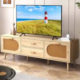 Costway Natural Rattan TV Stand with Solid Wood Legs - Size: 150 x 40 x 51cm - n/a - Wilko