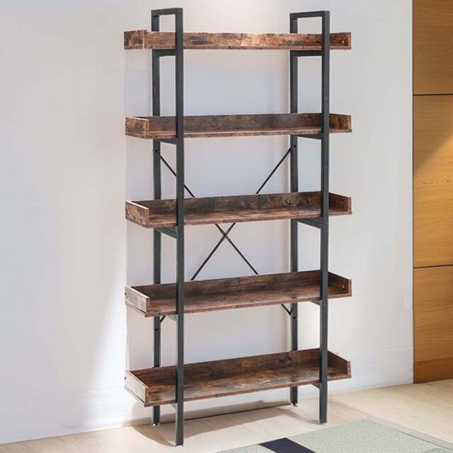 H&O Direct 5 Shelf Industrial Style Bookcase - Size: 173 x 92 x 30cm - Brown - Wilko - image 1
