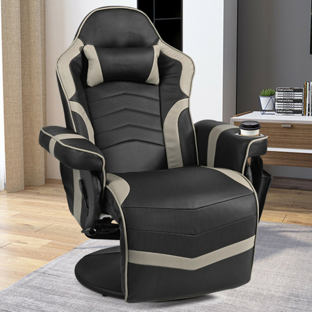 Costway Grey Electric Massage Gaming Chair with Cup Holder - Size: 101 x 66 x 45cm - Wilko - image 1