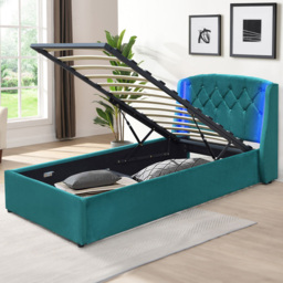 Comfy Living Single Green Fabric Gaslift Bed Frame with LED Headboard - Wilko - thumbnail 1