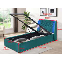 Comfy Living Single Green Fabric Gaslift Bed Frame with LED Headboard - Wilko - thumbnail 4