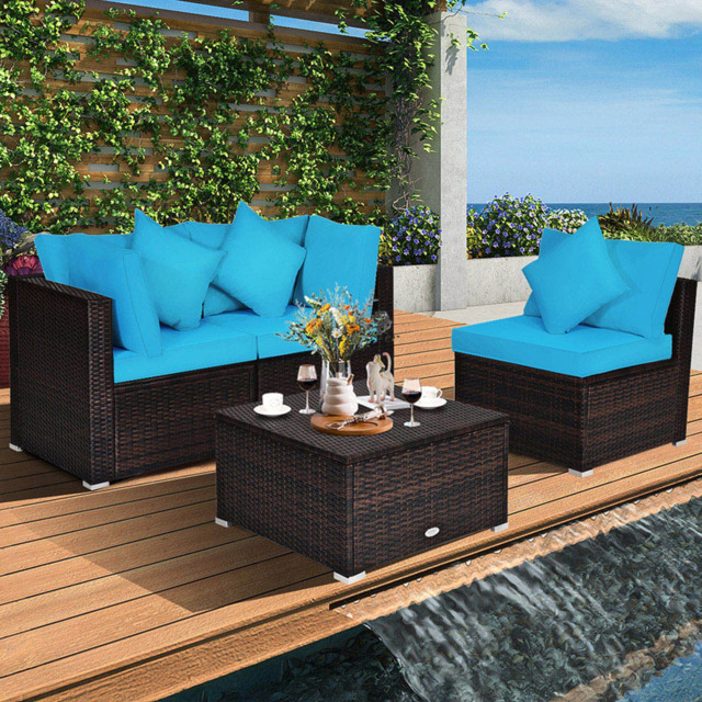 Costway 3 Seater Turquoise Outdoor Rattan Conversation Set with Cushions and Pillows - Blue - Wilko - image 1