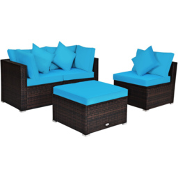 Costway 3 Seater Turquoise Outdoor Rattan Conversation Set with Cushions and Pillows - Blue - Wilko - thumbnail 3