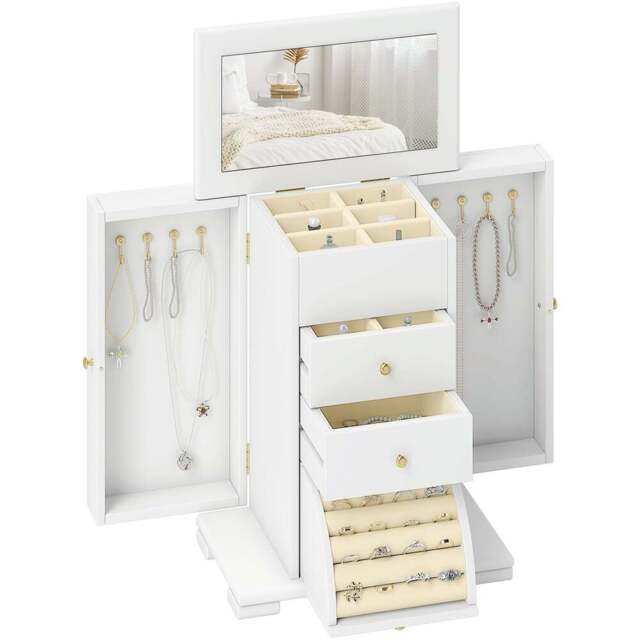 HOMCOM 3 Drawer White Large Jewellery Box with Mirror - Size: 39 x 22 x 32cm - Wilko - image 1