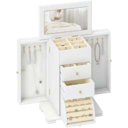 HOMCOM 3 Drawer White Large Jewellery Box with Mirror - Size: 39 x 22 x 32cm - Wilko