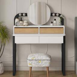 Decortie Lora 4 Drawer White Sapphire Oak Dressing Table with LED Mirror - Size: 132 x 96 x 40cm - Cream - Wilko