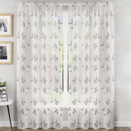 Enhanced Living Oasis Grey Embroidered Leaf Design Sheer Rod Pocket Voile Panels 140 x 229cm - Tyrone Textiles - Wilko - thumbnail 1