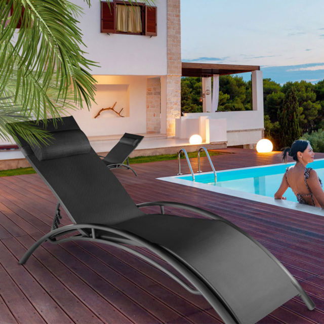 tectake Alina Set of 2 Black 5 Step Backrest Sun Lounger with Head Cushion - Size: 81.5 x 59 x 180cm - Wilko - image 1