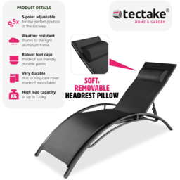 tectake Alina Set of 2 Black 5 Step Backrest Sun Lounger with Head Cushion - Size: 81.5 x 59 x 180cm - Wilko - thumbnail 7