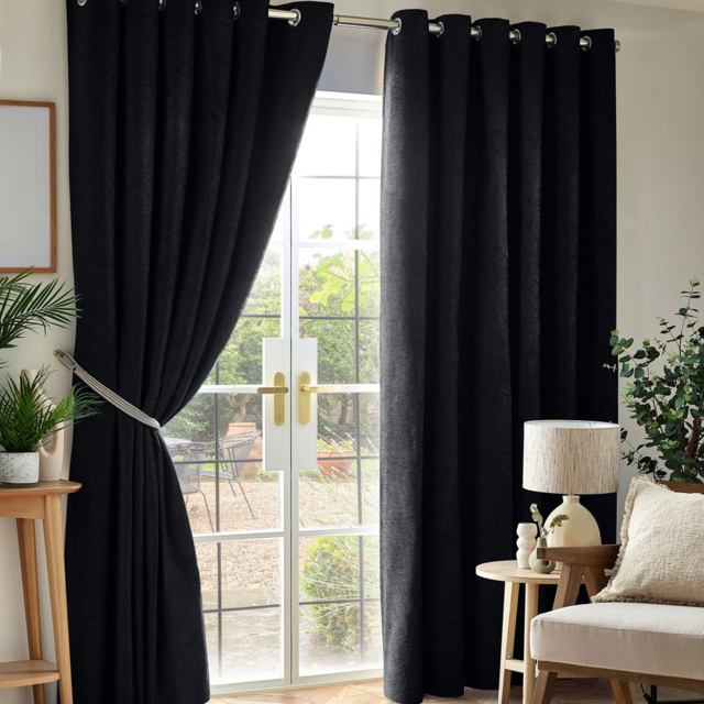 Alan Symonds Black Chenille Blackout Ring Top Eyelet Curtains 168 x 229cm - Size: W 168 x D 229cm - Wilko - image 1