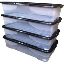 Samuel Alexander 42L Clear Under Bed Stackable Storage Box with Black Lid 4 Pack - Size: 80 x 18 x 39cm - White - Wilko