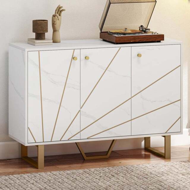 Portland 3 Door White and Gold Tone Marble Texture Sideboard - Size: 18.5 x 43 x 122cm - Wilko - image 1
