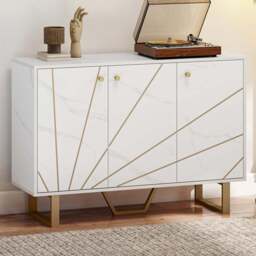 Portland 3 Door White and Gold Tone Marble Texture Sideboard - Size: 18.5 x 43 x 122cm - Wilko