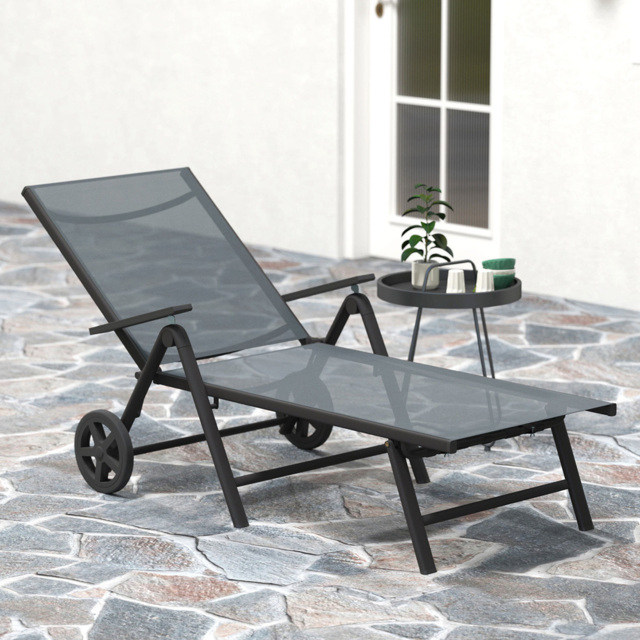 Outsunny Grey 5 Level Adjustable Folding Sun Lounger with Wheels - Size: 84 x 72 x 158cm - Wilko - image 1