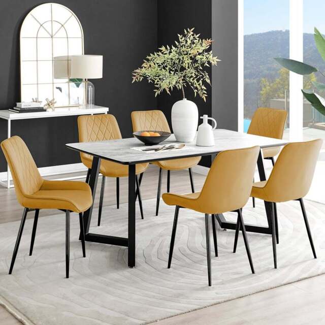 Furniturebox Copeland Cesano Marble Effect 6 Seater Dining Set White Mustard and Black - Yellow - Wilko - image 1