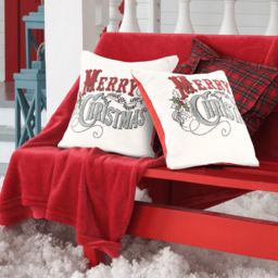 Noel Square Merry Xmas Holly Cotton Chenille Cushion - Size: 43 x 43 x 1cm - Red - Wilko - thumbnail 3