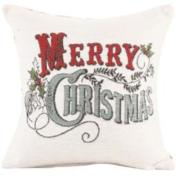 Noel Square Merry Xmas Holly Cotton Chenille Cushion - Size: 43 x 43 x 1cm - Red - Wilko