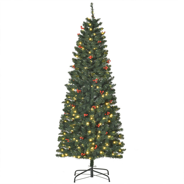 Everglow Pre-Lit Green Artificial Pencil Christmas Tree with Red Berries 6ft - Wilko - image 1