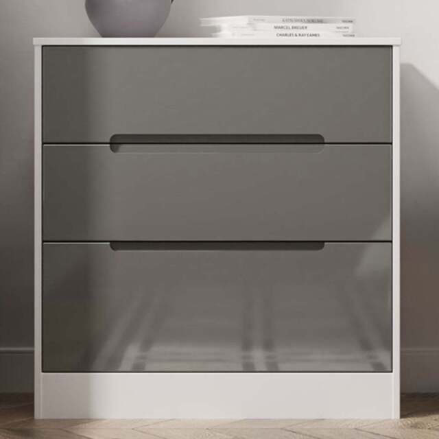 Crowndale Monaco 3 Drawer Grey Gloss and White Deep Chest of Drawers Ready Assembled - Grey Gloss & White - Wilko - image 1