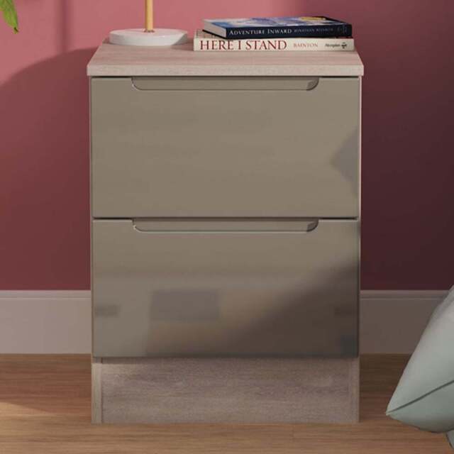 Crowndale Milan 2 Drawer Grey Gloss and Grey Oak Compact Bedside Cabinet Ready Assembled - Grey Gloss & Grey Oak - Wilko - image 1