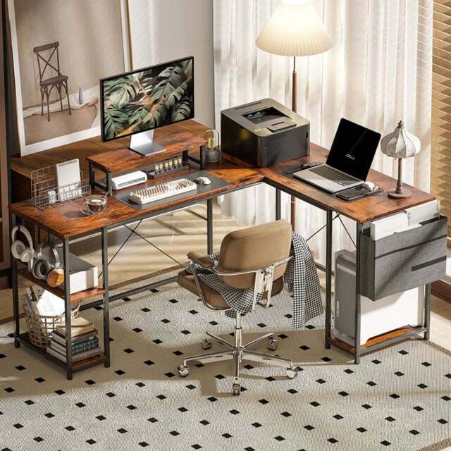 HOMCOM Rustic Brown Reversible L Shaped 2 Person Computer Desk - Size: 90 x 120 x 168cm - Wilko - image 1