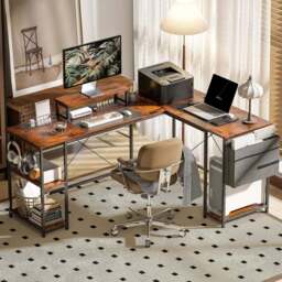 HOMCOM Rustic Brown Reversible L Shaped 2 Person Computer Desk - Size: 90 x 120 x 168cm - Wilko - thumbnail 1