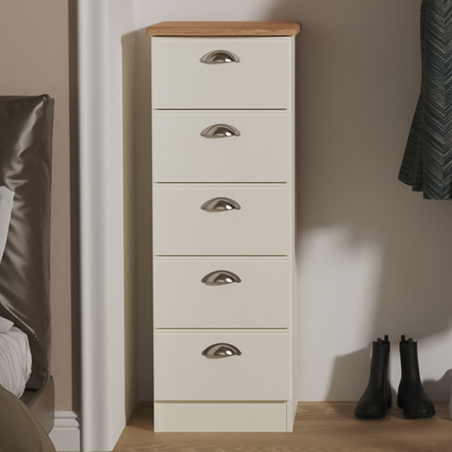 Crowndale Victoria 5 Drawer Cream Ash and Oak Tall Bedside Cabinet - Wilko - image 1