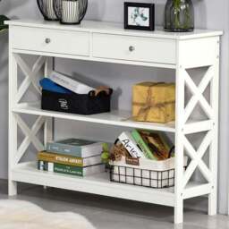 Portland 2 Drawer 2 Shelves White Console Table - Size: 100 x 31 x 80cm - Wilko