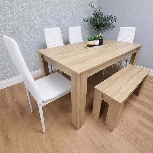 Portland 6 Seater Dining Bench Set Oak Effect and White - Beige - Wilko - image 1