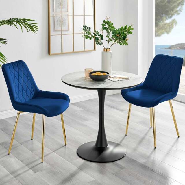 Furniturebox Elissa Cesano Marble Effect 2 Seater Round Dining Set White Navy and Gold - Blue - Wilko - image 1