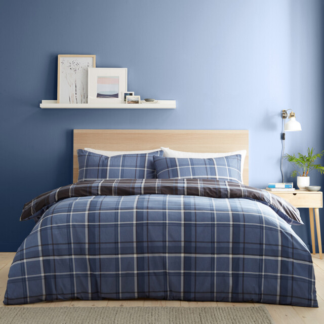 My Home Brodie Check Duvet Cover and Pillowcase Set - Navy/King - Wilko - image 1
