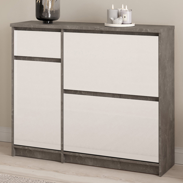 Florence Single Door 3 Drawer Concrete and White High Gloss Shoe Cabinet - Size: 31.5 x 108.9 x 92.9cm - Furniture to Go - Wilko - image 1