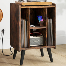 Costway 4 Shelf Brown Record Player Stand with USB Charging Port - Size: 91 x 50 x 15cm - Wilko