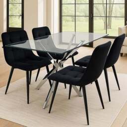 Kosy Koala 4 Seater Glass Rectangle Dining Set Black Velvet - Multi - Wilko