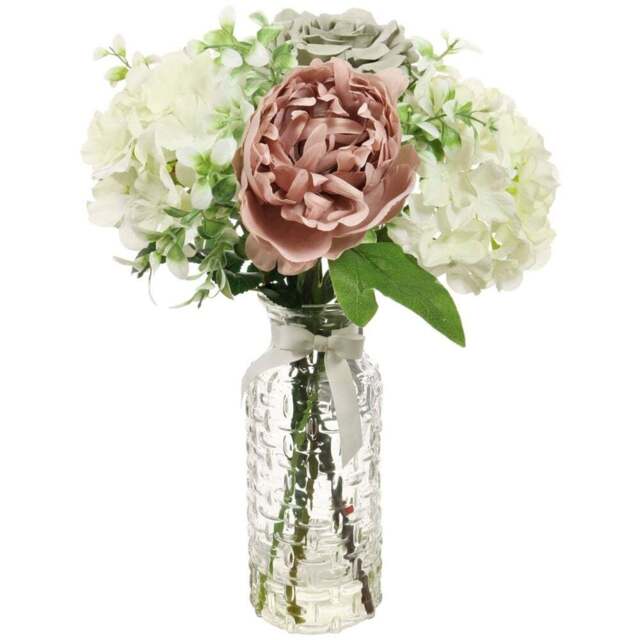 Pink & Grey Rosehedge Artificial Flower in Glass Vase - Multi - Wilko