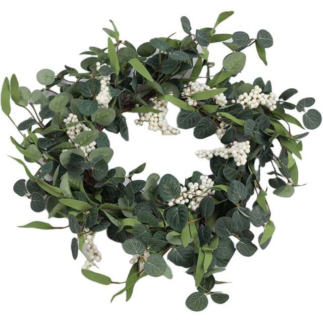 Living and Home Green and White Eucalyptus Leaf Artificial Topiary Wreath 55cm - Size: 55 x 55 x 4cm - Wilko - image 1